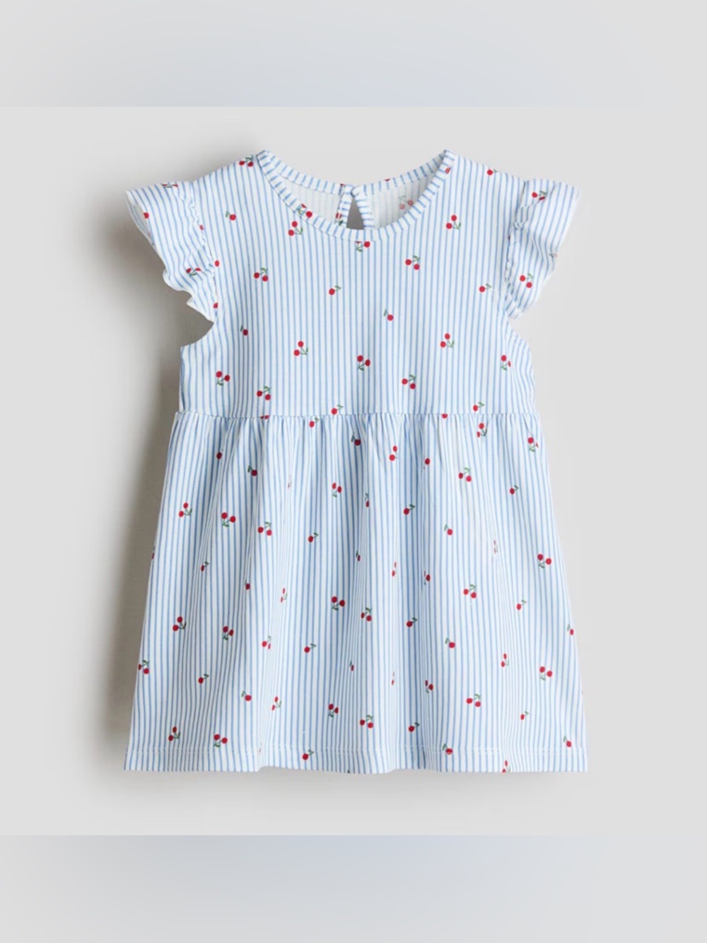 H&M Light Blue & White Striped Dress with Red Cherry Print